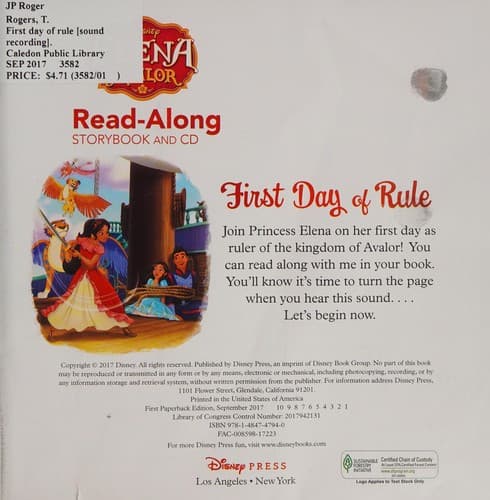 Portada de Elena of Avalor Read-Along Storybook and CD Elena's First Day of Rule